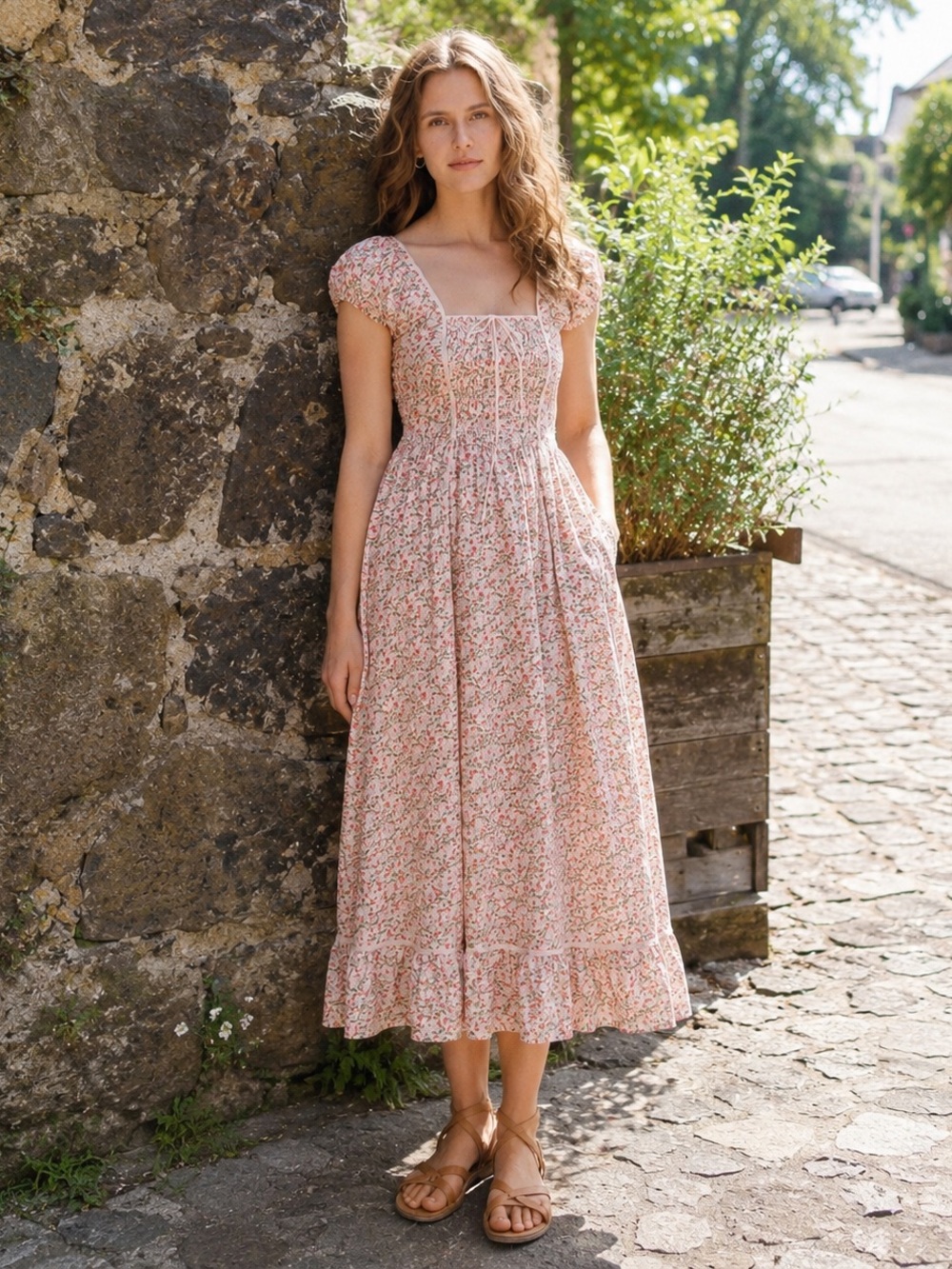 NWT Christy Dawn Erin Floral Pink Puff-Sleeve Midi Dress Smocked new Cottagecore
